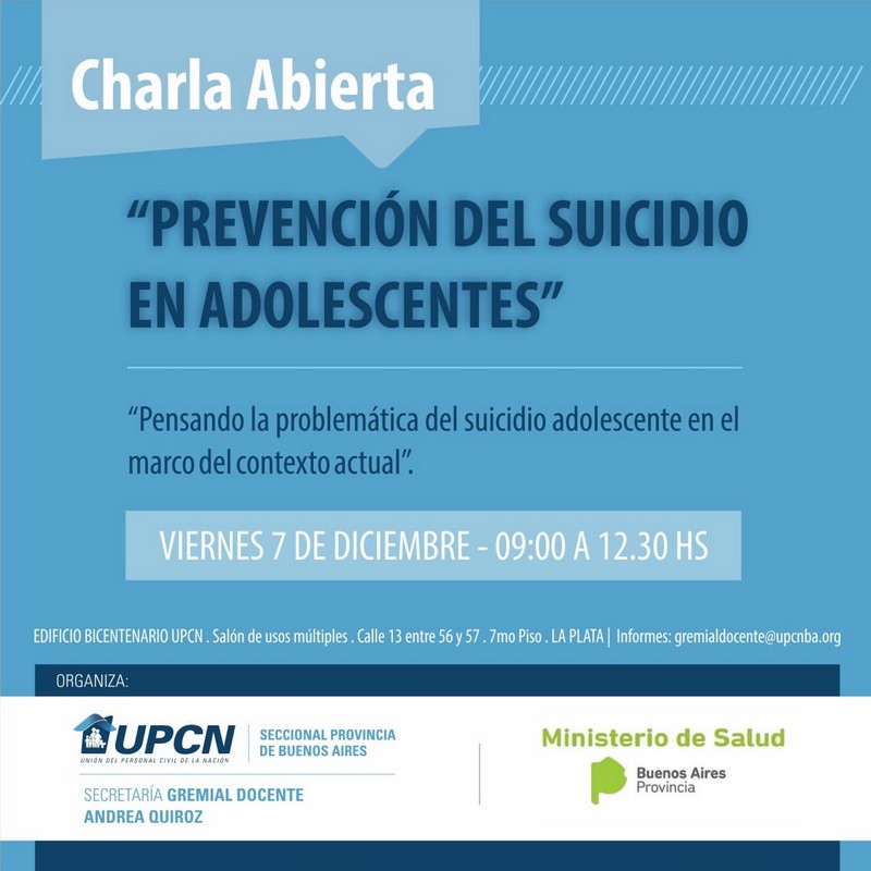 UPCN invita a la charla abierta Prevención del suicidio en adolescentes