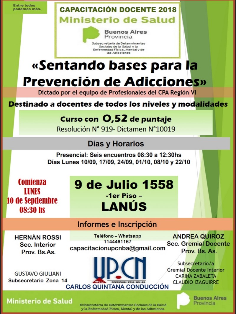 Lanús: UPCN invita a la capacitación docente Sentando Bases para la Prevención de Adicciones