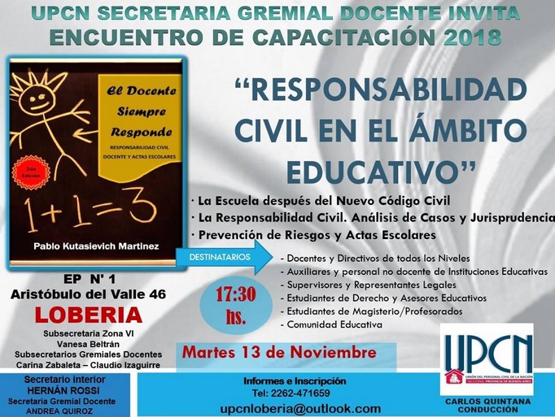 Lobería UPCN invita a la charla sobre la responsabilidad civil en el ámbito educativo