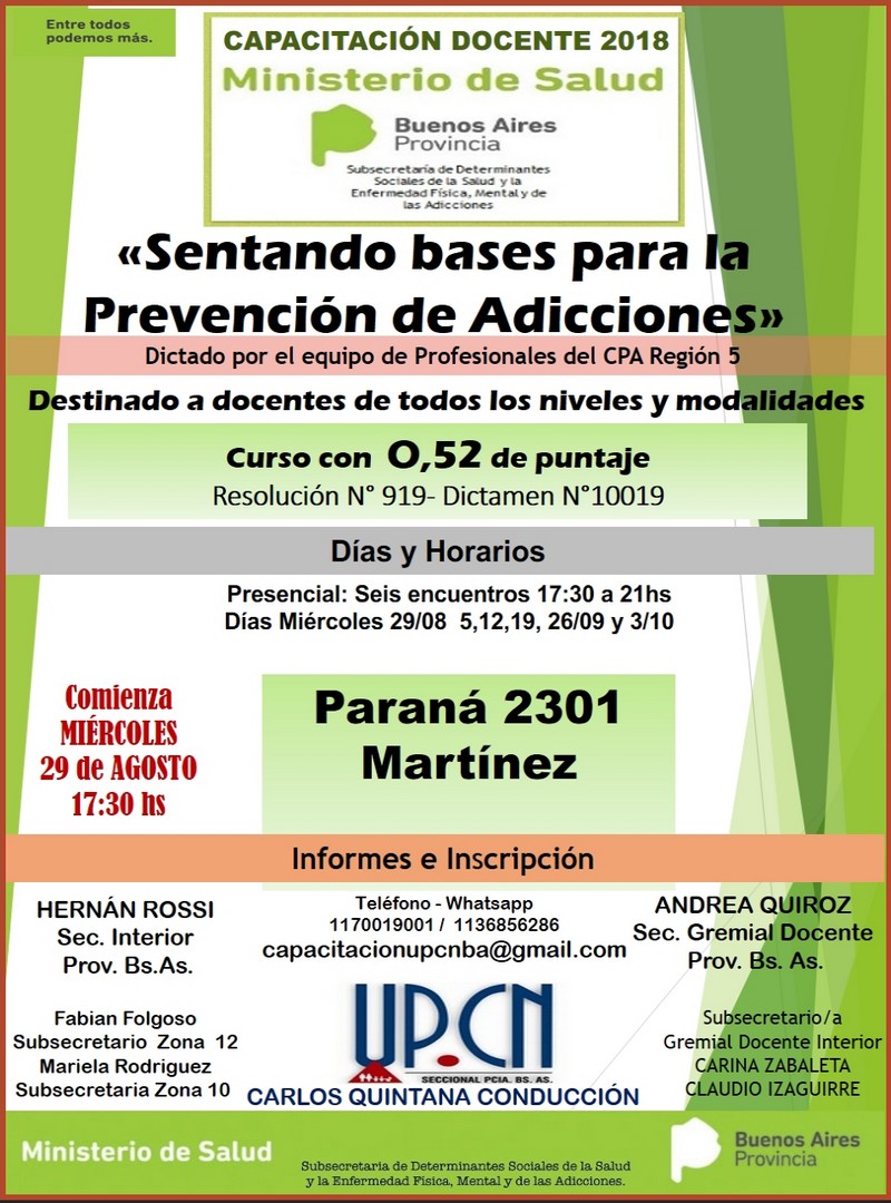 San Isidro: UPCN invita a la capacitación docente gratuita y con puntaje Sentando bases para la Prevención de Adicciones