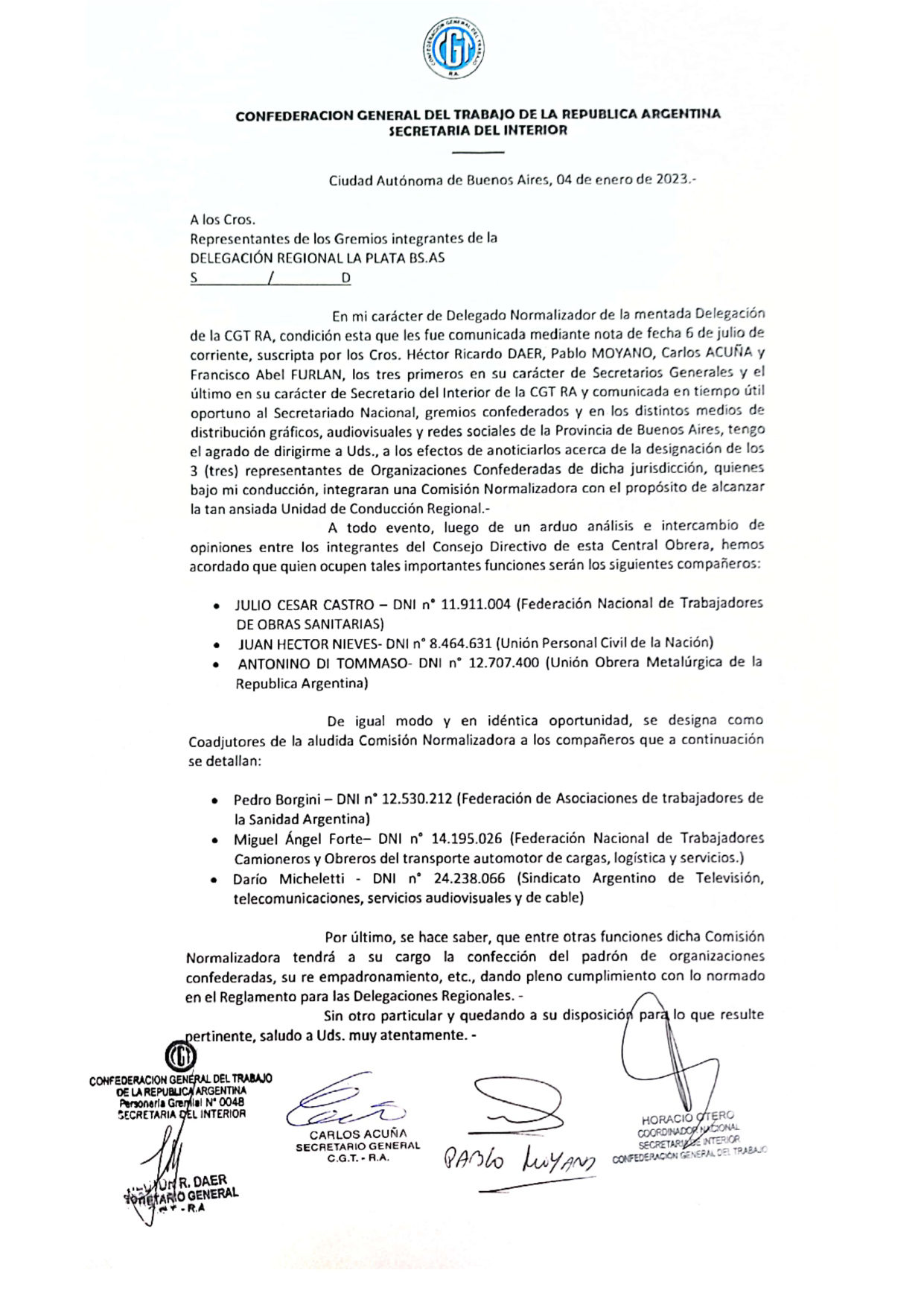 Héctor Nieves asumió como integrante de la Comisión Normalizadora de la CGT Regional La Plata