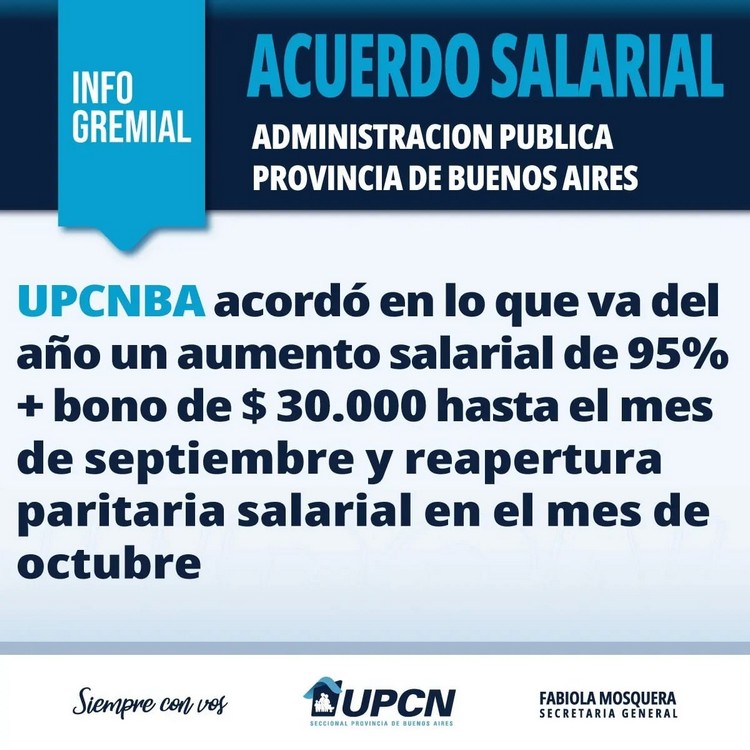 UPCNBA acordó con el Gobierno bonaerense el pago de un bono de $30.000 y un 25% de aumento en los haberes de septiembre