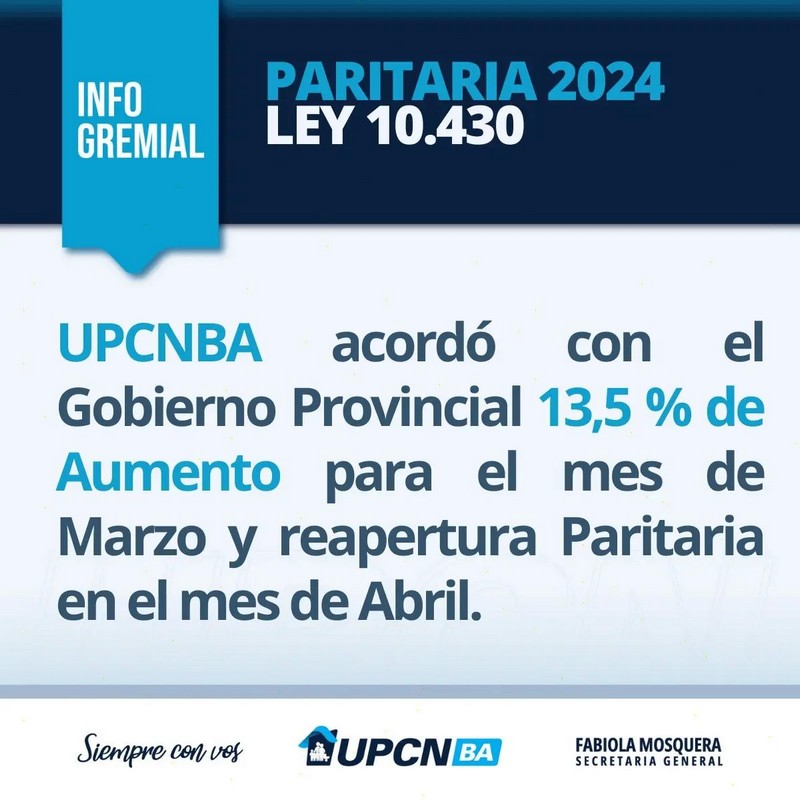 UPCNBA acordó con el Gobierno provincial 13,5% de aumento para el mes de marzo