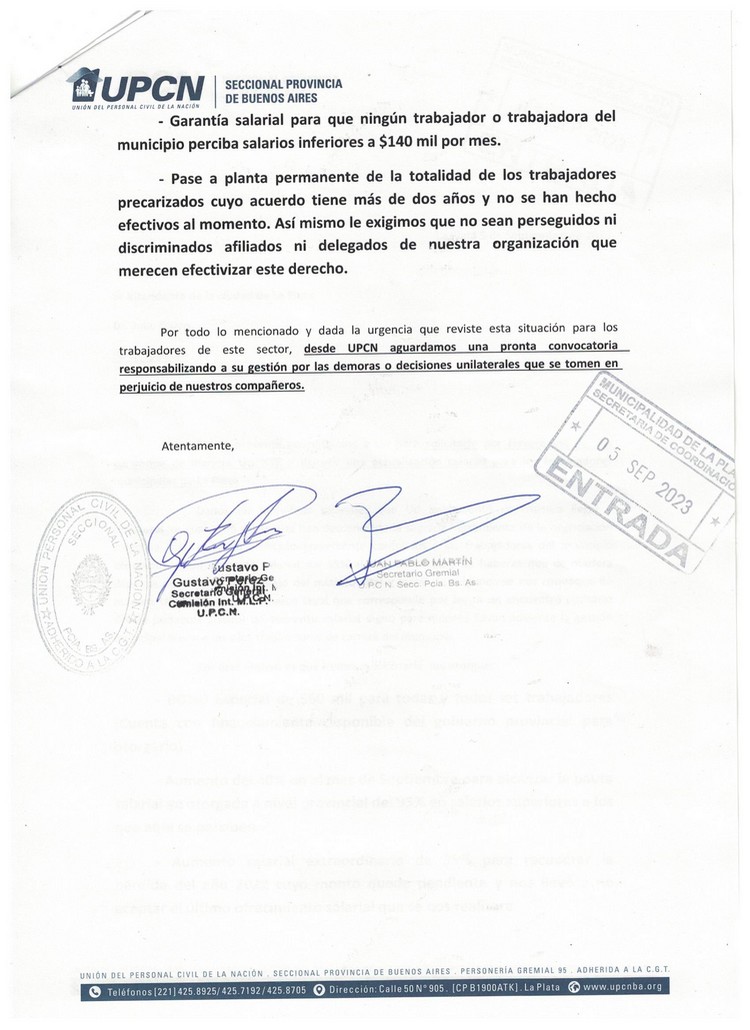 UPCNBA pidió la reapertura de la paritaria salarial municipal de La Plata por tercera vez 