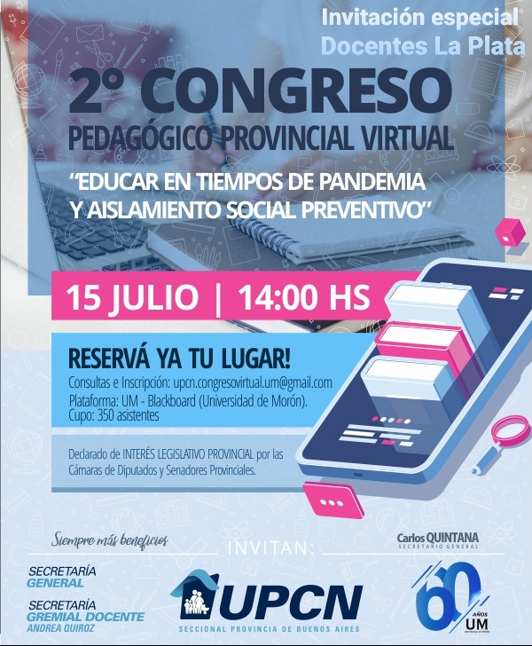 UPCNBA organizará el II° Congreso Pedagógico Provincial Virtual Educar en tiempos de Pandemia y Aislamiento Social