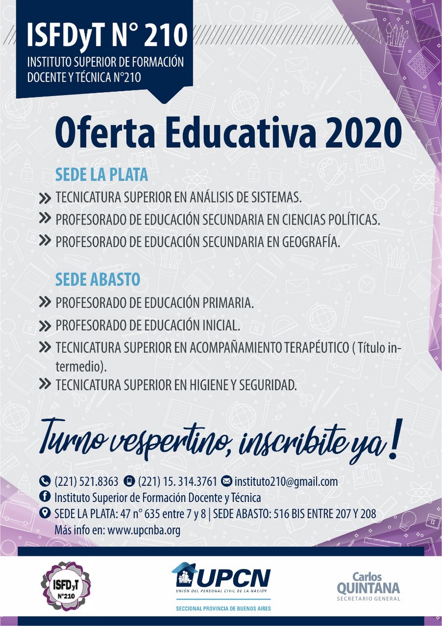 Carreras terciarias del ISFDyT N°210 de La Plata para el ciclo lectivo 2020