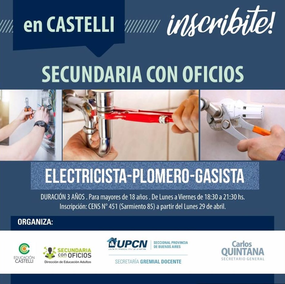 Castelli: abierta la inscripción para la Secundaria de Oficios