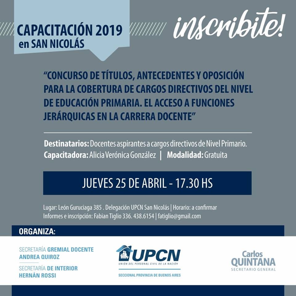 San Nicolás: UPCN realizará una capacitación docente referida a concursos de cargos directivos