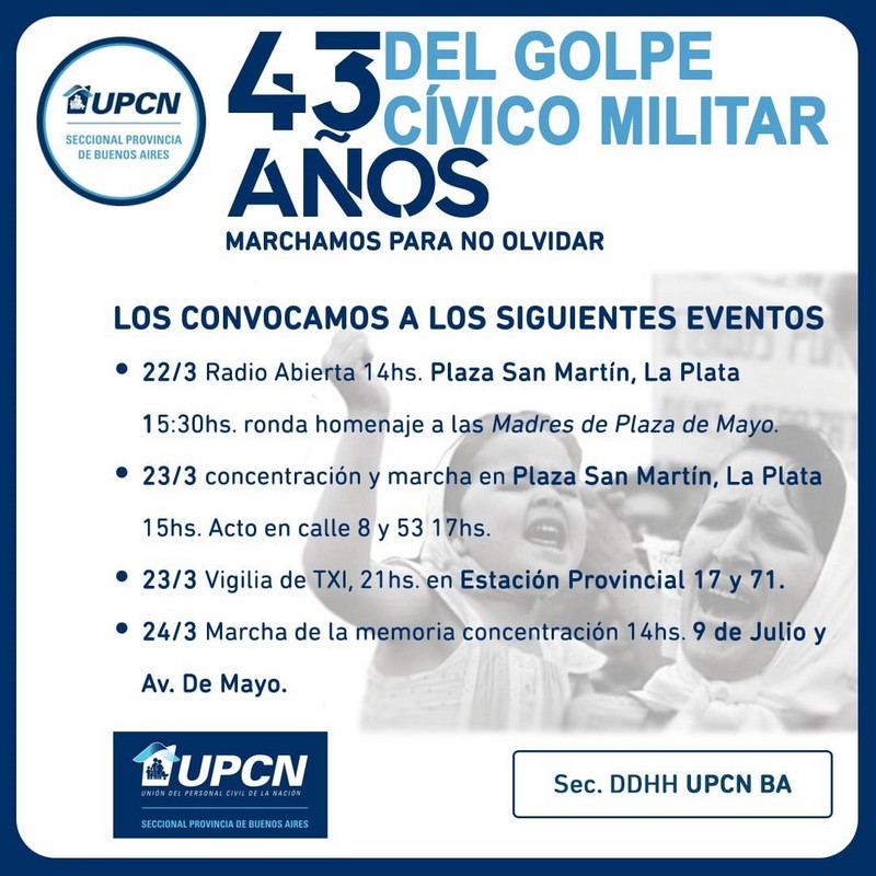 La secretaría de DDHH de UPCN invita a las actividades conmemorativas del Golpe Cívico-militar de 1976