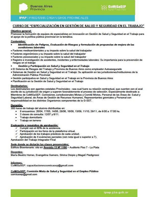 Comenzó el dictado de la Especialización en “Gestión de Salud y Seguridad en el Trabajo” de la CoMiSaSEP