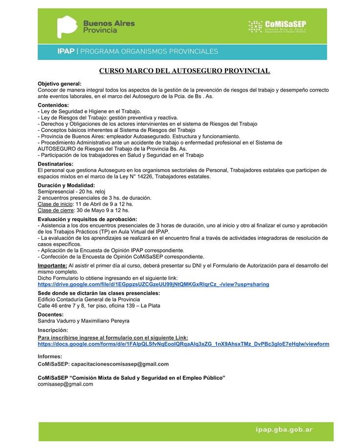 Inscripción abierta al Curso Marco del Autoseguro Provincial