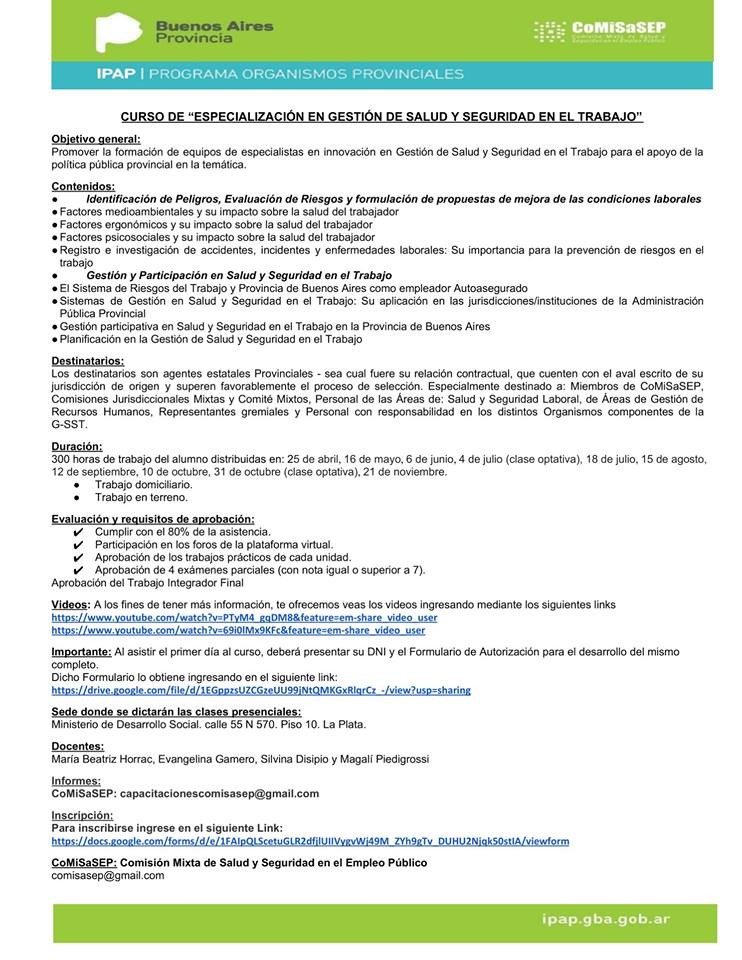 Abierta la inscripción para el curso semipresencial Gestión de Salud y Seguridad en el Trabajo