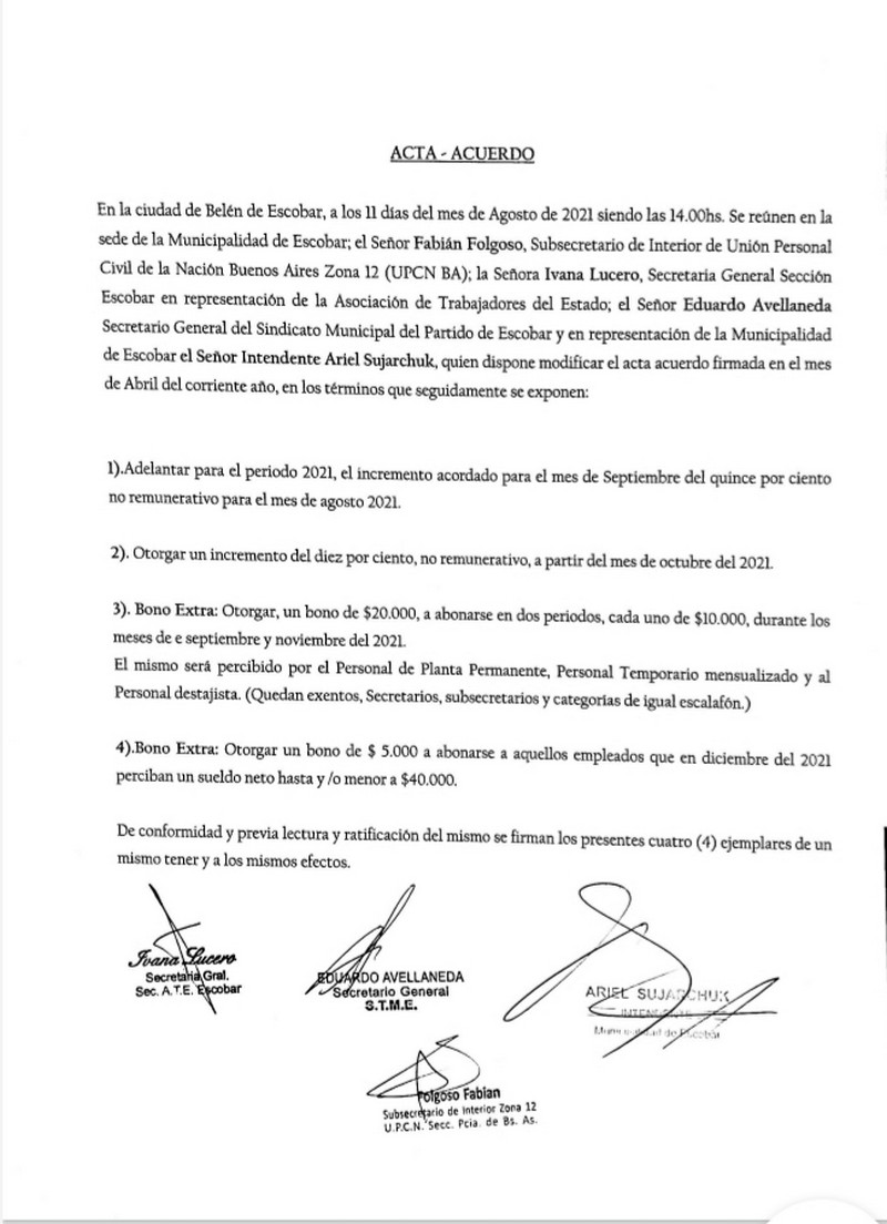 El intendente Ariel Sujarchuk, UPCNBA y demás organizaciones gremiales acordaron nuevas mejoras salariales para los trabajador@s municipales de Escobar