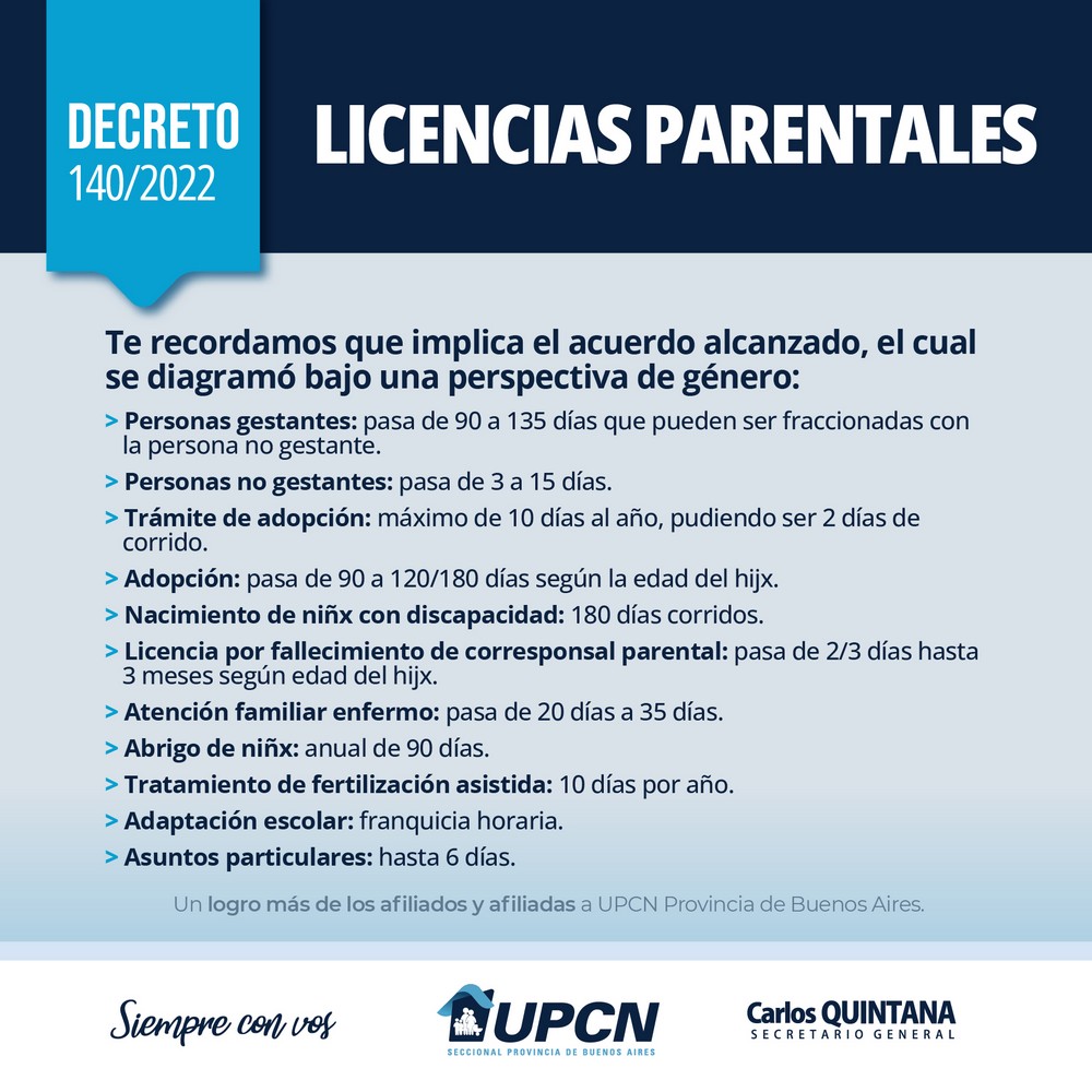A pedido de la UPCNBA, el Gobierno provincial reglamentó el acta acuerdo sobre licencias parentales para el personal de la ley 10.430