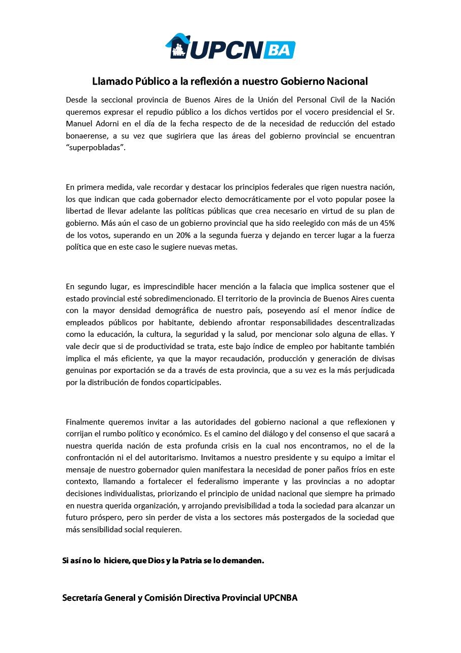 Llamado Público a la reflexión a nuestro Gobierno Nacional