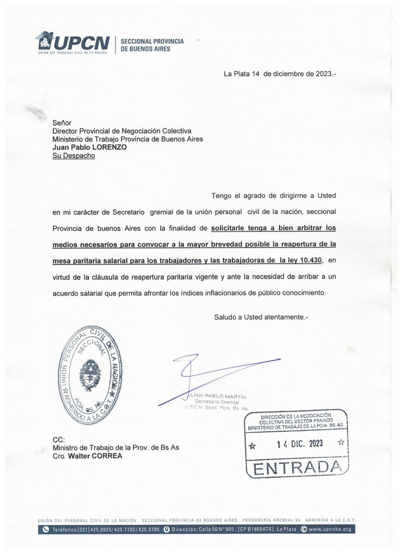 Ley 10.430: UPCNBA solicitó a la Provincia la reapertura de la paritaria salarial