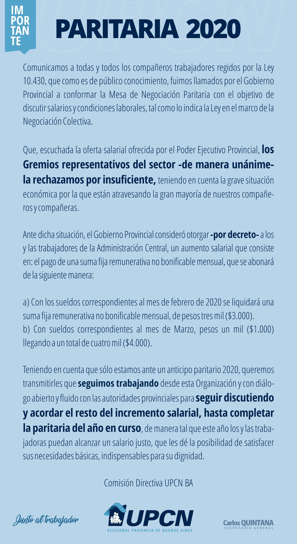 Paritaria salarial de los trabajadores de la ley 10.430