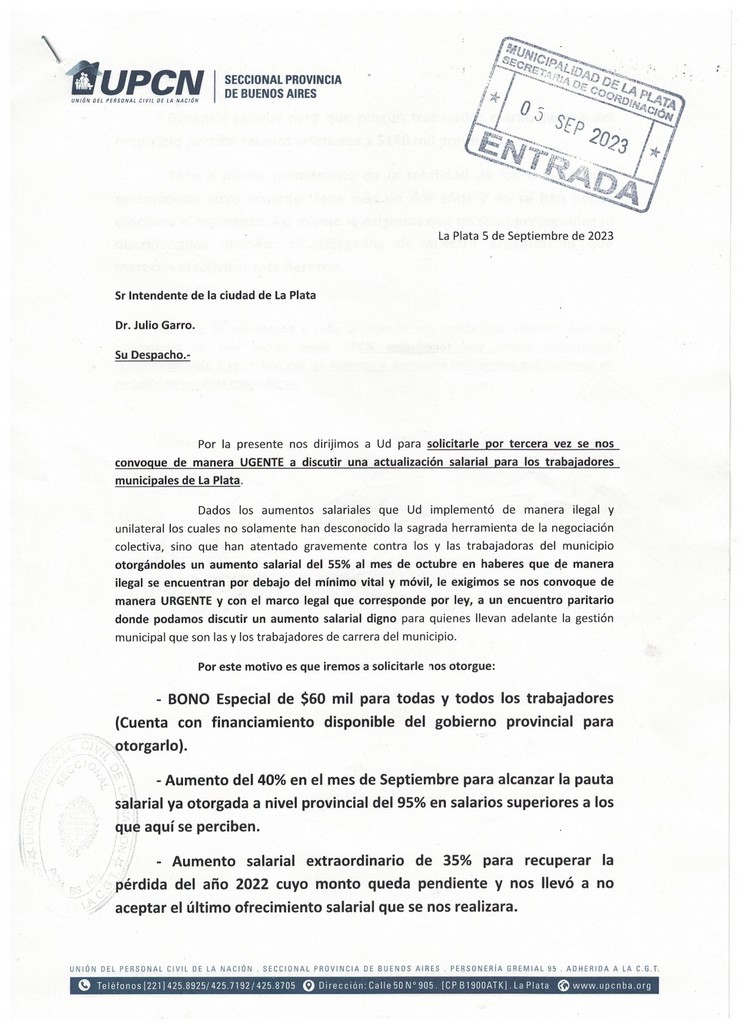 UPCNBA pidió la reapertura de la paritaria salarial municipal de La Plata por tercera vez 