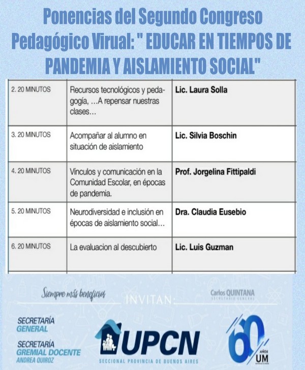 UPCNBA organizará el II° Congreso Pedagógico Provincial Virtual Educar en tiempos de Pandemia y Aislamiento Social