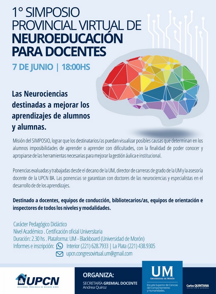 UPCNBA y la UM invitan a docentes de todos los niveles y modalidades al I° Simposio Provincial Virtual de Neuroeducación