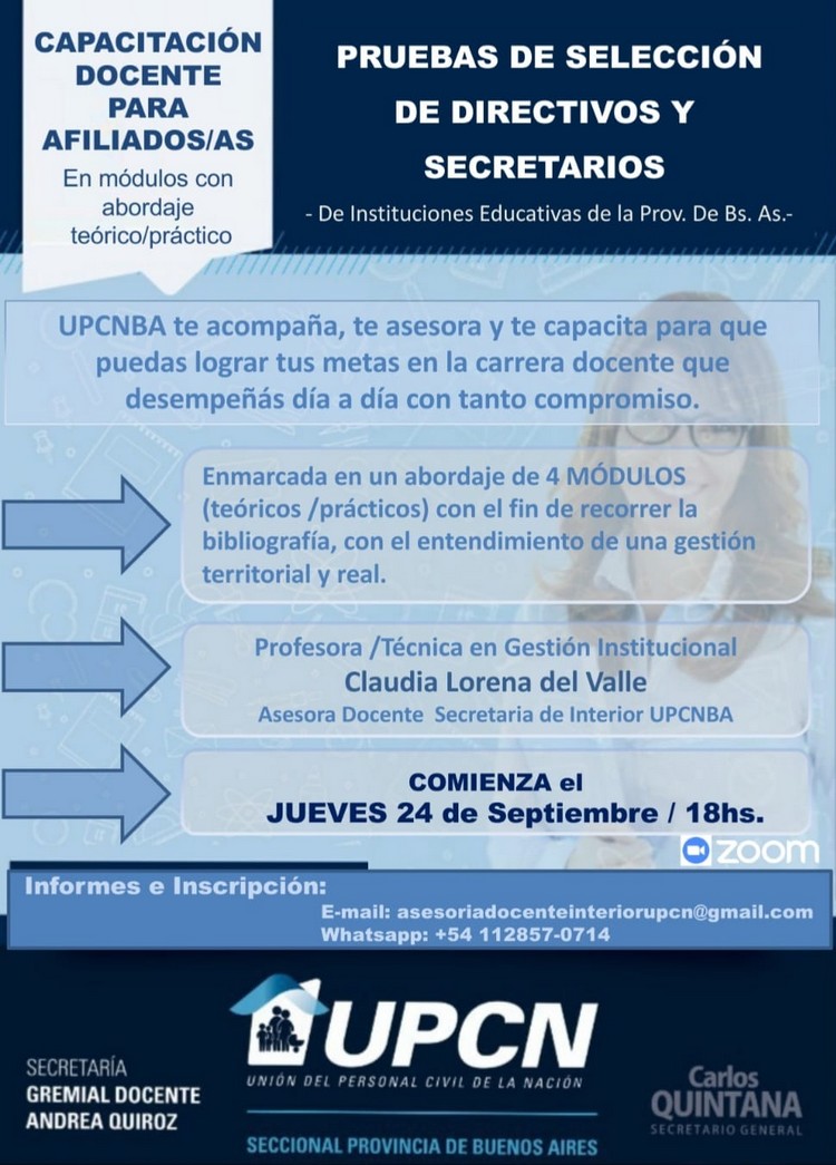 El jueves 24 UPCNBA comienza una capacitación para pruebas de selección de directivos y secretarios