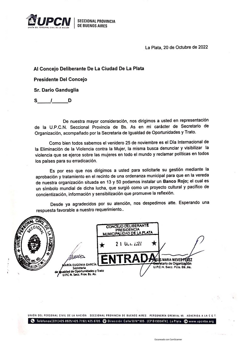 UPCNBA solicitó al Concejo Deliberante platense la aprobación de una ordenanza para instalar un Banco Rojo frente a la sede de 13 y 50