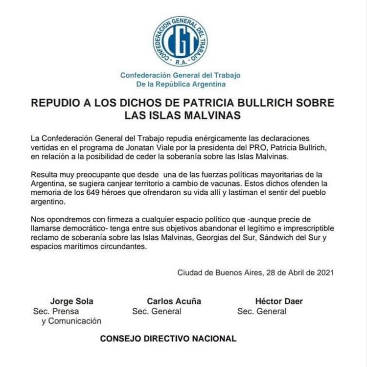 Comunicado de la CGT: Repudio a los dichos de Patricia Bullrich sobre las Islas Malvinas